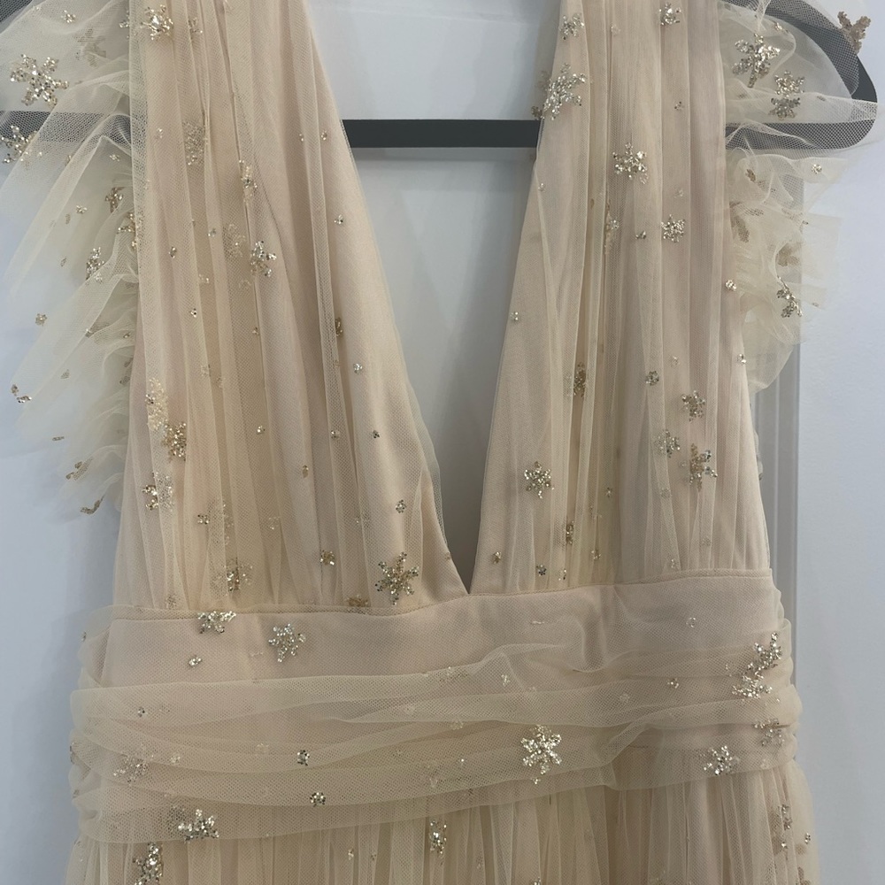 Soieblu Champagne Beaded Tulle Maxi Dress